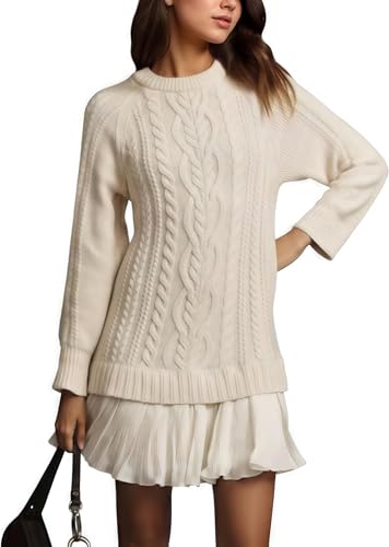 Women Crewneck Cable Knit Sweater Mini Dress, Cable Knit Sweater Dress Women, Patchwork Dress, with Skirt and Round Neck3