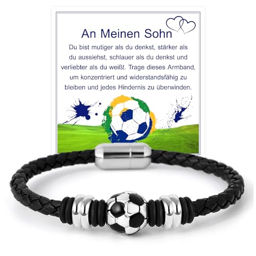 FANCIBAND Voetbalgeschenken jongens armband zoon, voetbal kinderen leren armband voetbal geschenken voor jongens geschenken verjaardag jongen, moedermaker cadeau jongen van mama papa, Roestvrij staal