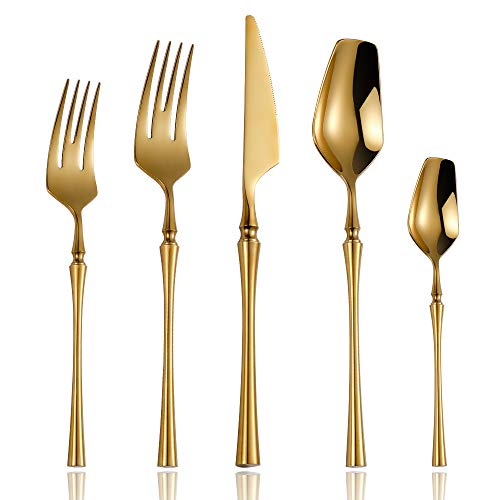 Lemeya 20-Piece Gold Silverware Set,18/10 Stainless Steel Unique Flatware Cutlery Set Service for 4, Dinner Knife Fork Spoon,Mirror Polished,Dishwasher Safe