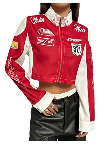 MakeMeChic Women's Colorblock Full Zip Jacket Long Sleeve Crop Racing Motorcycle Jackets