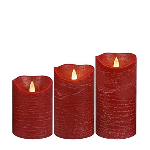 Image of CANDLE CHOICE Battery Operated Flameless Candles with Timer Real Wax Realistic Flickering Electric LED Pillars Automatic Built-in Daily Cycle Timer 6-Hour on 18-Hour Off Set of 3 Rustic Texture Red