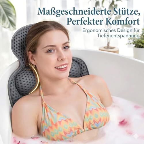 Badewannenkissen für die Wanne, Badewannenkissen für Kopf und Nacken mit weichem 3D-Mesh-Gewebe und 54 rutschfesten Saugnäpfen, entspannendes Wannen- und Duschzubehör Spa Geschenk Grau, Standard
