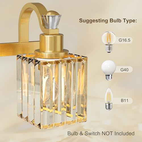 Image of GarveeTech Bathroom Vanity Light Fixtures Modern Crystal Vanity Light Fixtures Over Mirror, Modern Crystal Wall Lighting with Square Shade(Black) (Gold, 3 Lights)
