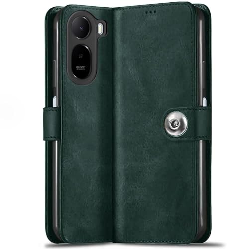 Image of TheGiftKart Genuine Leather Finish Flip Back Cover Case for Mi Redmi A7 Pro /Poco C85x 5G / C81 | Inbuilt Pockets & Stand | Designer Button Magnet Flip Back Cover Case (Faux Leather, Green)