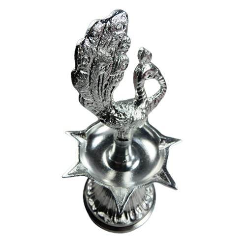 ORIVILLE WHITE METAL Finish DIYA: Peacock-Topped Medium KASHI SAMAI KUTHU VILAKKU SAPTA (07-Notched) DEEPAM/ JYOTI/ LAMP with Stand (07 Inches: Please RE-ASSEMBLE on receipt - as per photo instructions) - Image 3 thumbnail