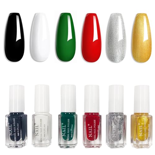 Colorful Nail Polish Set - 6Pcs Quick Dry Nail Varnish Gift Set - Long Lasting Nude Christmas Series Set - Red Green Black Gold Silver Glitter Nail Polish Home Nail Art Design