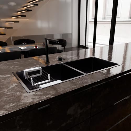 Image of Lorazzo Lustr Stainless Steel Sink for Kitchen 45x20 IN - Gun Metal Black | Double Bowl Kitchen Sink | Premium SS 304 Kitchen Sink with Waste Coupling, Basket & Pipe | 20-Year Warranty
