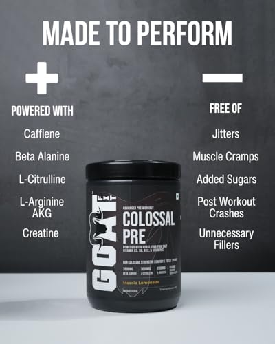 Image of GOAT Fit Colossal Pre | PreWorkout Powder 200mg Caffeine 3.5g Beta-Alanine 3g Citrulline 1.5g Arginine 1g Creatine with Himalayan Pink Salt (180gm - 15 Servings, Masala Lemonade)