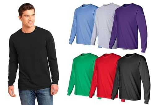 BILLIONHATS 6 Pack Mens Long Sleeve Colorful T-Shirts, Cotton - Crew Neck Bulk Tees for Men, Wholesale Sleeved Tshirt Packs