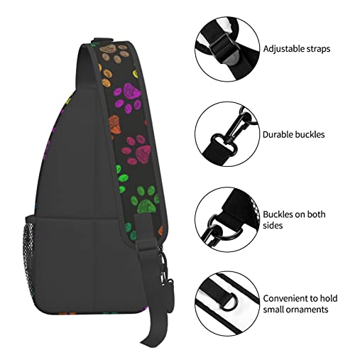 Paw Print Sling Bag For Women Men Crossbody Shoulder Backpack Colorful Vibrant Colored Doodle Paw Prints Seamless Pattern Chest Bags Cute Animal Pet Footprints Gym Bag Travel Hiking Casual Daypack #TOP4