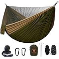 Camping Hammock, Portable Hammocks with Mosquito Net,Lightweight Nylon Parachute Hammock with 10ft Tree Straps,Camping Gear Must Haves for Travel Hiking Backpacking Beach Patio-Green&Khaki