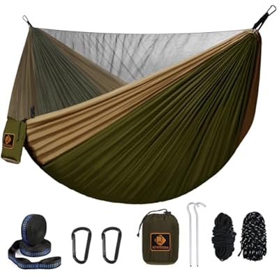 Camping Hammock, Portable Hammocks with Mosquito Net,Lightweight Nylon Parachute Hammock with 10ft Tree Straps,Camping Gear Must Haves for Travel Hiking Backpacking Beach Patio-Green&Khaki