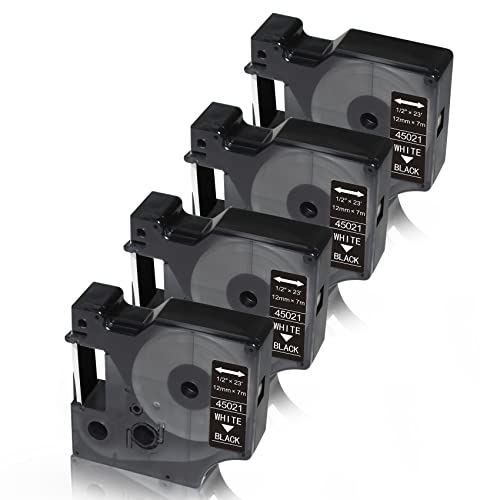 Meritom 4X Compatible for Dymo D1 Label Tape Replacement for Black Tape 12mm 45021 S0720610, Work for Dymo Label Printer LabelManager 160, 210D, 220P, 260P, 280, 360D, 420P, 12mm x 7m, White on Black