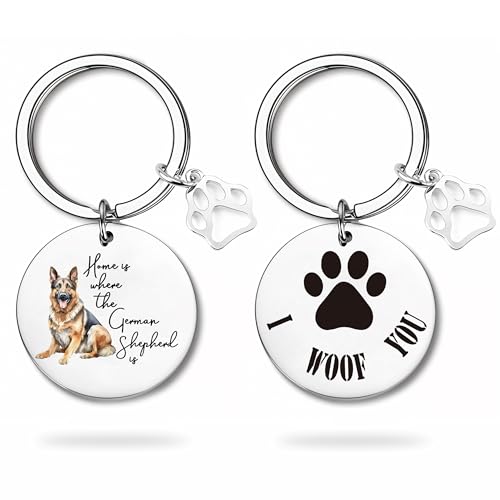 NATSUNO Regalos de pastor alemán, llavero de pastor alemán, regalos de pastor alemán para mujeres, llavero de perro, llavero con texto en inglés 'Home Is Where the German Shepherd is', accesorios de