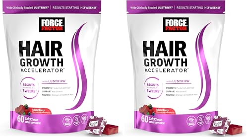 Image of Force Factor Hair Growth Accelerator Soft Chews, Vitamins for Women and Men with Clinically Studied Lustriva and Biotin, Promotes Thicker, Fuller, Stronger Hair, Mixed Berry, 60 Soft Chews (Pack of 2)