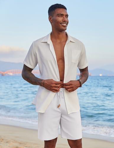 Image of COOFANDY Mens Casual Linen Shorts Elastic Waist Drawstring Loose Fit Summer Beach Vacation Shorts with Pockets