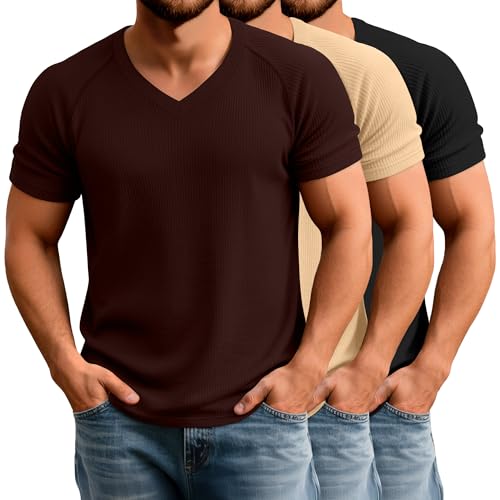 Riyiper 3 Pack Men's Muscle T Shirts Slim Fit Workout Bodybuilding Tees Ribbed Knit Textured V Neck Short Sleeve Tee Shirts