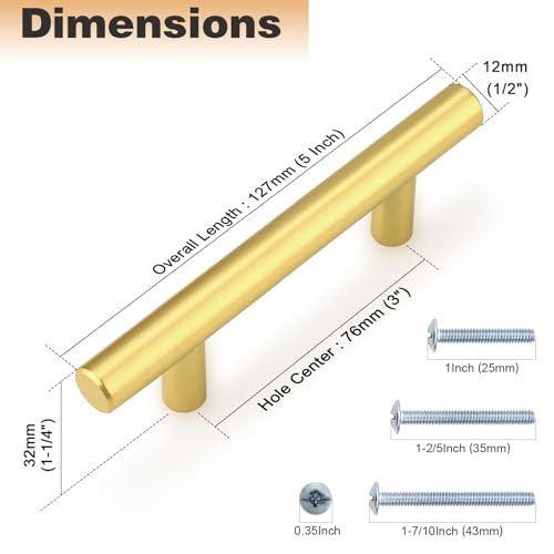 Image of Probrico 5 Pack 3 Inch Center-to-Center Kitchen Cabinet Pulls T Bar Gold Cabinet Handles Modern Drawer Hardware Dresser Pulls, 5 Inch Total Length