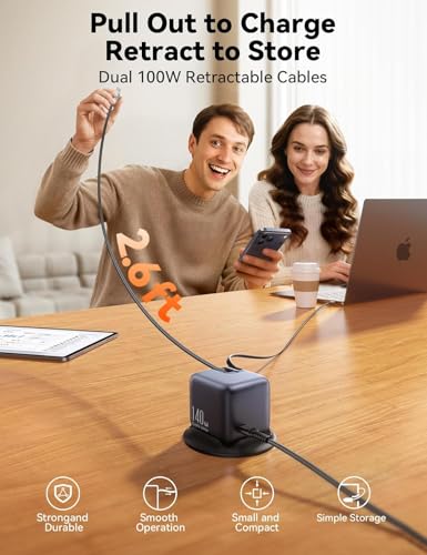 Image of INICIO 140W 5 Port USB-C Desktop Charger, Dual Retractable 100W Type C Cables, Fast Charging Station with LCD Display for MacBook Pro Air iPad iPhone 17 16 XPS 13 /15 Galaxy S26 S25 Pixel & More