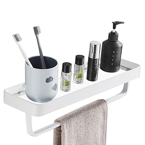 SIMVE Bathroom Tempered Clear Glass Shelf with Towel Bar Wall Mounted 15.7 Inch Shower Organizer Modern Metal Kitchen Spice Decor Rack Over Toilet Storage Holder Rectangular Vanity White