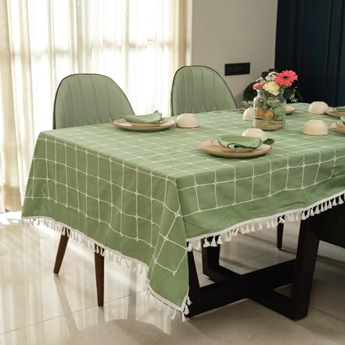 Image of Urban Space 100% Cotton Rectangular Dining Table Cover 6 Seater,Premium Embroidered Cotton Table Cloth for Center Table with Tassels,Rectagular Table Cover 48 inch x 92 inch(6 Seater,Aura Checks sage Green)