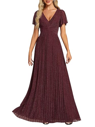 Image of Ever-Pretty Women's V-Neck Glitter Formal Dresses Pleated Short Sleeves Floor Length A-Line Mother of Bride Dress 11961