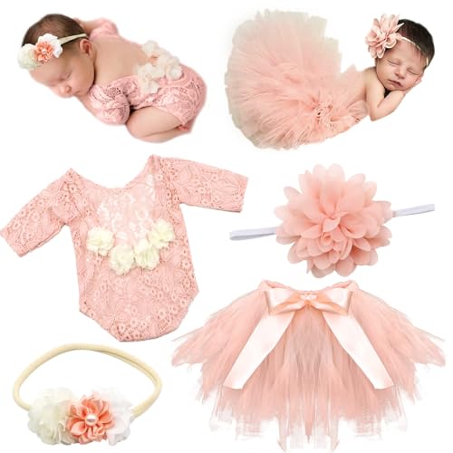 Xanewza 4 PCS Nouveau-Né Photographie Accessoires Tenues-Baby Tutu Coiffure Arc Mignon et Dentelle Rompers Fleur Bandeau Sets pour Bébé Fille Garçon