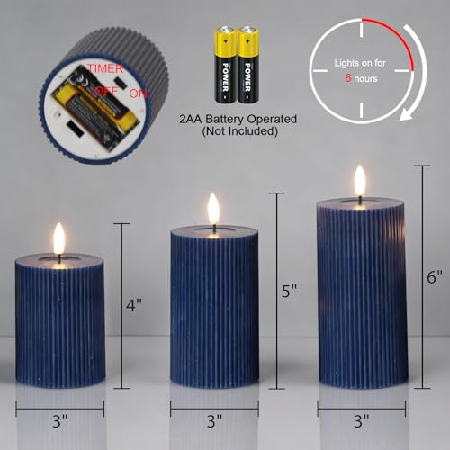 Image of Battery Operated Flameless Candles with 6 Hour Timer 3 Pack Real Wax Vertical Stripe 3D Wick Flickering LED Pillar Candles Dinner Wedding Christmas Holiday Decor(Navy Blue, 3 inchD x 5 inch, 6 inch, 7 inchH)