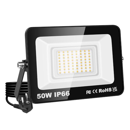 RIGIDON Projecteur Led Extérieur Avec Prise, 1x 50W 5000LM IP66 étanche Éclairage de Sécurité, Spot Led Lampe pour Patio Garage Terrasse Jardin Chantier...