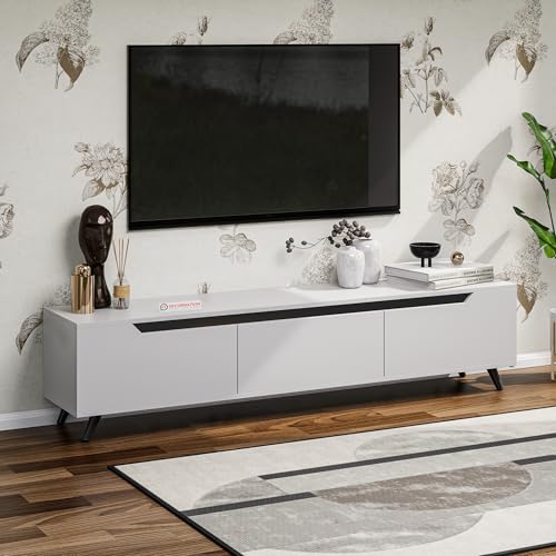 Image of DecorNation Nova Wooden TV Unit Stand (Medium) - Modern Entertainment Table with 3 Closed Compartments for Living Room, Bedroom & Office (55.5 x 13.3 x 16.6 Inches, White Finish)