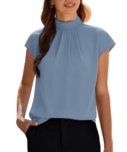 Image of Funlingo Womens Summer Tops Mock Neck Short Cap Sleeve Blouses Business Casual Work Chiffon Shirts Front Pleated Tunic Top
