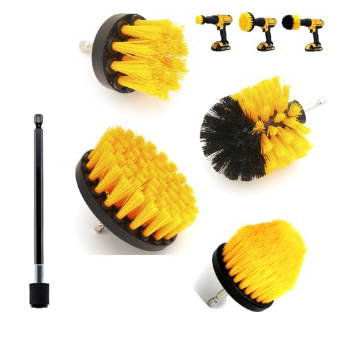 Drill Brushes 5 Pcs Electric Washing Drill Brushes for Cleaning for Clean Household and Company Floors Bricks Toilets Bathtubs Wash Basins Cars Etc. (Yellow)