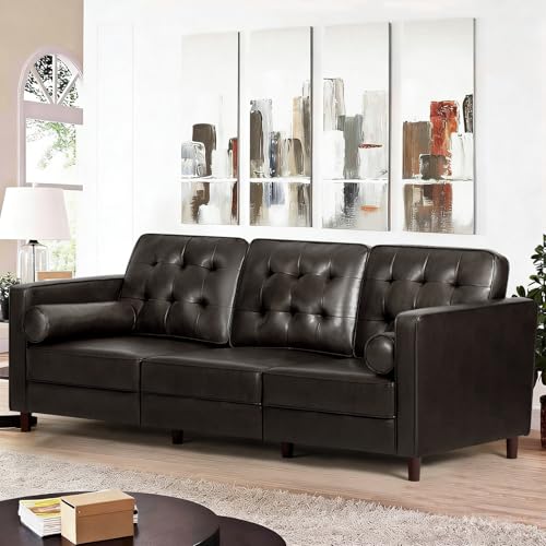 Image of 84 inch Premium Faux Leather 3-Seat Sofa w /2 Bolster Pillows and Tufted Backrest, Mid-Century Modern Sofa, Luxury Couch for Living Room, Bedroom, Office, Dark Brown