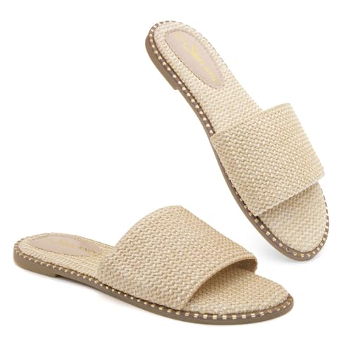 Image of Shoe Land Flat Sandals for Women - Slip-On Slides with Cushioned Footbed | Comfortable Dressy & Casual Open Toe Summer Sandals for Beach, Travel & Everyday Wear