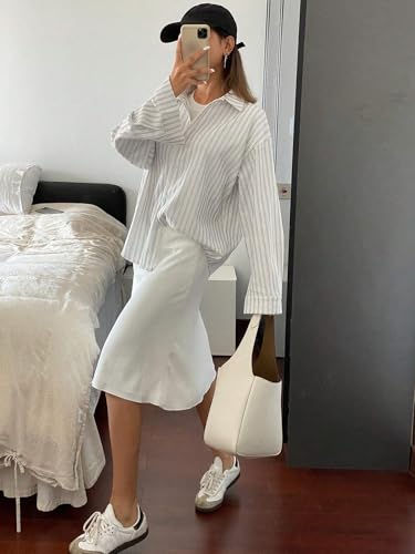Image of GRECIILOOKS Striped Shirt for Women | Korean Style Full Sleeve Oversized Button Down Shirts | Tops for Women | Shirt for Woman | Plus Size Top for Office & Casual Outfit