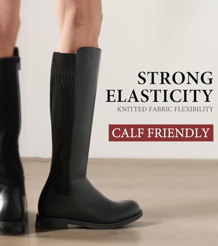 Image of Shoe'N Tale Women's Knee High Boots Flat Low Heel Stretchy Round Toe with Side Zipper