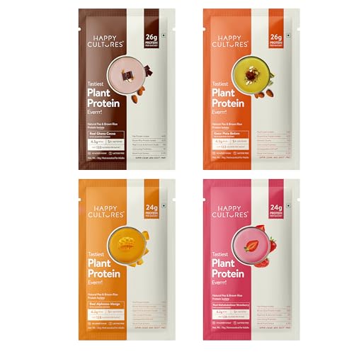 Image of Happy Cultures Tastiest Plant Protein Assorted Pack | Chocolate, Kesar Pista, Mango, Strawberry, Almond Chunks & Ashwagandha (KSM 66)| Pea & Brown Rice Protein Isolate| No Added Sugar| Vegan| 18 Complete Amino Acids| Monk Fruit Extract| Women & Men| No Bloating, Easy to Digest| Dairy Free with Probiotics - 144g(4 Sachets, 4 Flavours)