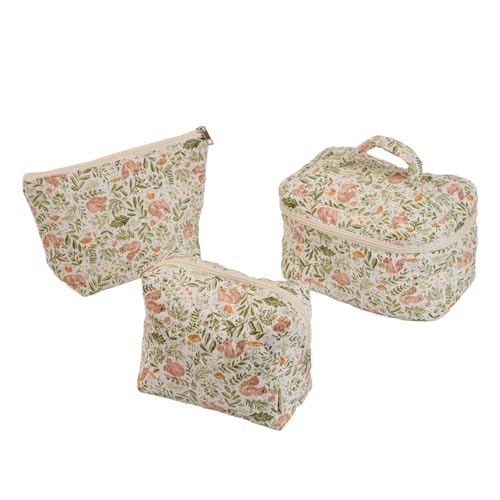 Forest Friends Quilted Cotton Cosmetic Zipper Pouch, Large Capacity Makeup Accessories Storage Bag for Women Girls, Aesthetic Coquette Travel Toiletry Organizer (Set of 3)