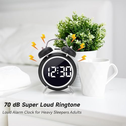 Image of Niloni Digital LED Table Alarm Mirror Twin Bell Clock with Night Light, USB Rechargeable /Battery Operated Loud Bell Metal Alarm Clock, Black