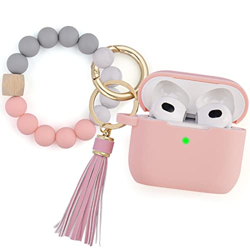 Image of Case for Airpods 3 (2021), Filoto Silicone Airpod 3rd Generation Case Cover with Bracelet Keychain, Cute Protective Case for Apple Air Pod 3 Wireless Charging Case Women(Pink)