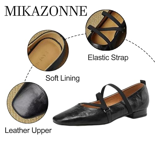 Women's Leather Low Block Heel Mary-Janes with Elastic Strap Vintage Square Toe Ballet Pumps Fashion Party Prom Dress Shoes3