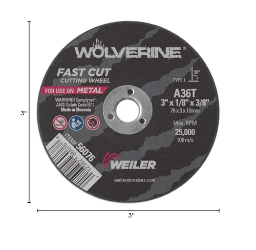 Image of Weiler 56076 3-Inch Cutting Wheel, Wolverine AO Steel /Metal Fast Cut, Value Cutting, 1 /8 inch A36T Type 1 3 /8 inch Arbor (Pack of 100)