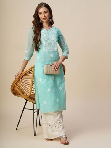 Image of RATAN Muga Cotton Straight Lucknowi Chikankari Ethnic Wear Kurta for Women