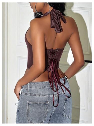 Image of WDIRARA Women's Punk PU Leather Halter Top Grommet Eyelet Tie Front Corset Crop Top