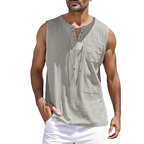 Top Manga Larga Tops de Primavera y Verano para Hombre, Camiseta sin Mangas Deportiva Informal, Chaleco de Lino y algodón, Camiseta sin Mangas sólida para Fitness Pack Camisetas Negras (Grey, XXXL)
