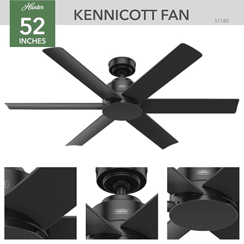 Hunter 52 inch Outdoor or Indoor Ceiling Fan No Light - Black Ceiling Fan without Light, For Patio, Porch, Garage, or Living Room, Standard Mount, 6 Blades, Wall Control - Kennicott 51180, Matte Black