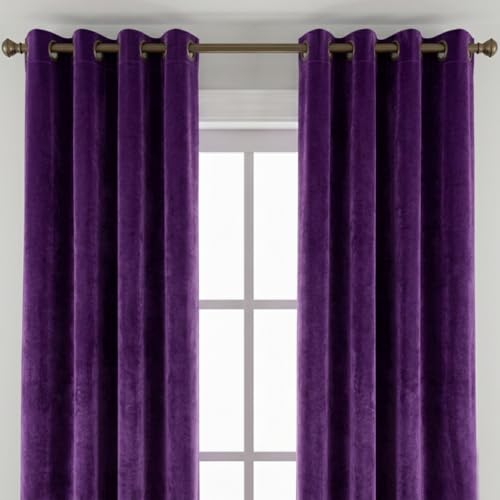 Image of Amazon Brand - Solimo Velvet Curtain Set of 2 (52x48 Inch) Plain Door & Window Curtains for Living Room & Bedroom |75% Light Blocking, Eyelet Curtains for Home Decor in Purple Color (4 feet x 4 feet)