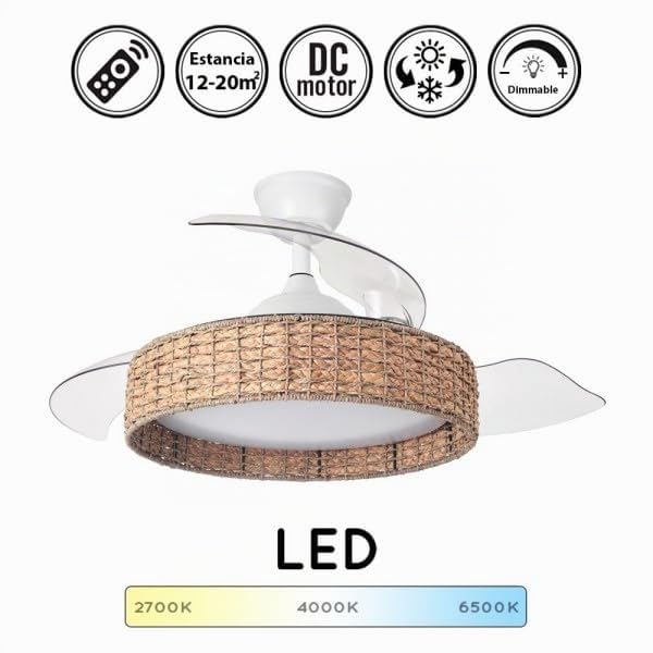 Bilake Lámpara Ventilador de Techo con Luz 59W 6980Lm Retráctil con Diseño Mediterráneo de Ratán