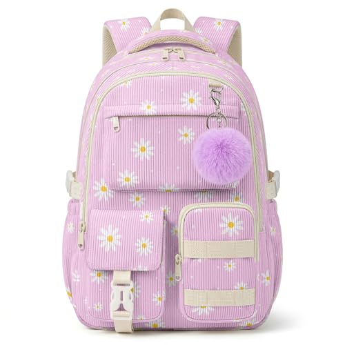 Mochila escolar de pana para niñas adolescentes, morada con flores miniatura 1