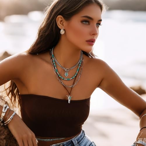 Western Necklaces Boho Layered Charm Necklace for Women Turquoise Beaded Choker Ox-head Pendant Necklace Western Jewelry for Women Cowgirl Accessories4